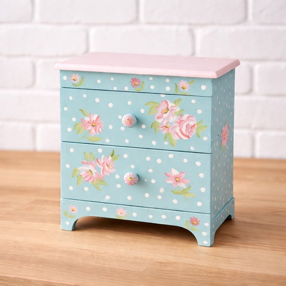 Vintage 90s Hand Painted Wood Jewelry Box Teal Pink Floral Mini Dresser 9 x 7.5
